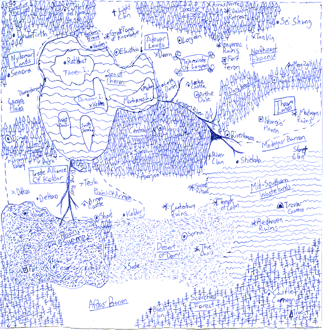 A map of Voldaria.  Keep in mind the area drawn here is surrounded by nearly impassable mountains, except at the spot marked 'Mountain Pass'.